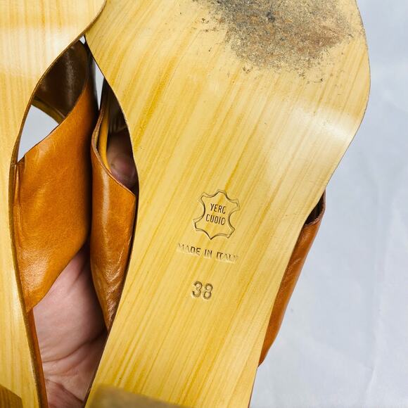 Michel Perry Square Toe Tan Block Heel Leather Sandals Size 38/7.5 - Picture 8 of 10